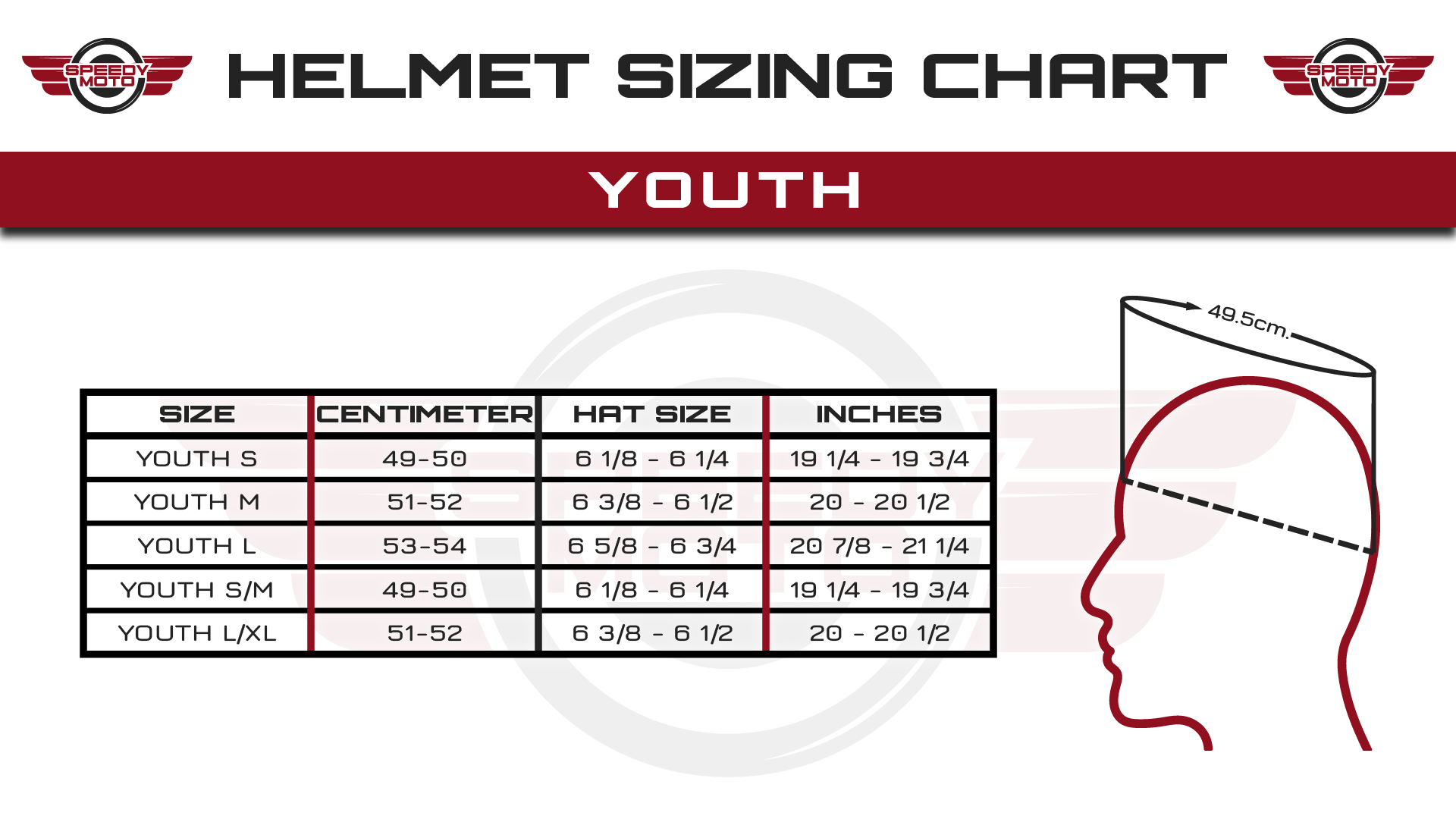 Motorcycle Youth Helmet Sizing Chart